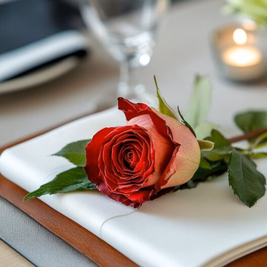 Rose rouge élégamment posée sur une table dressée pour un dîner croisière romantique sur la Seine à Paris | Le Capitaine Fracasse